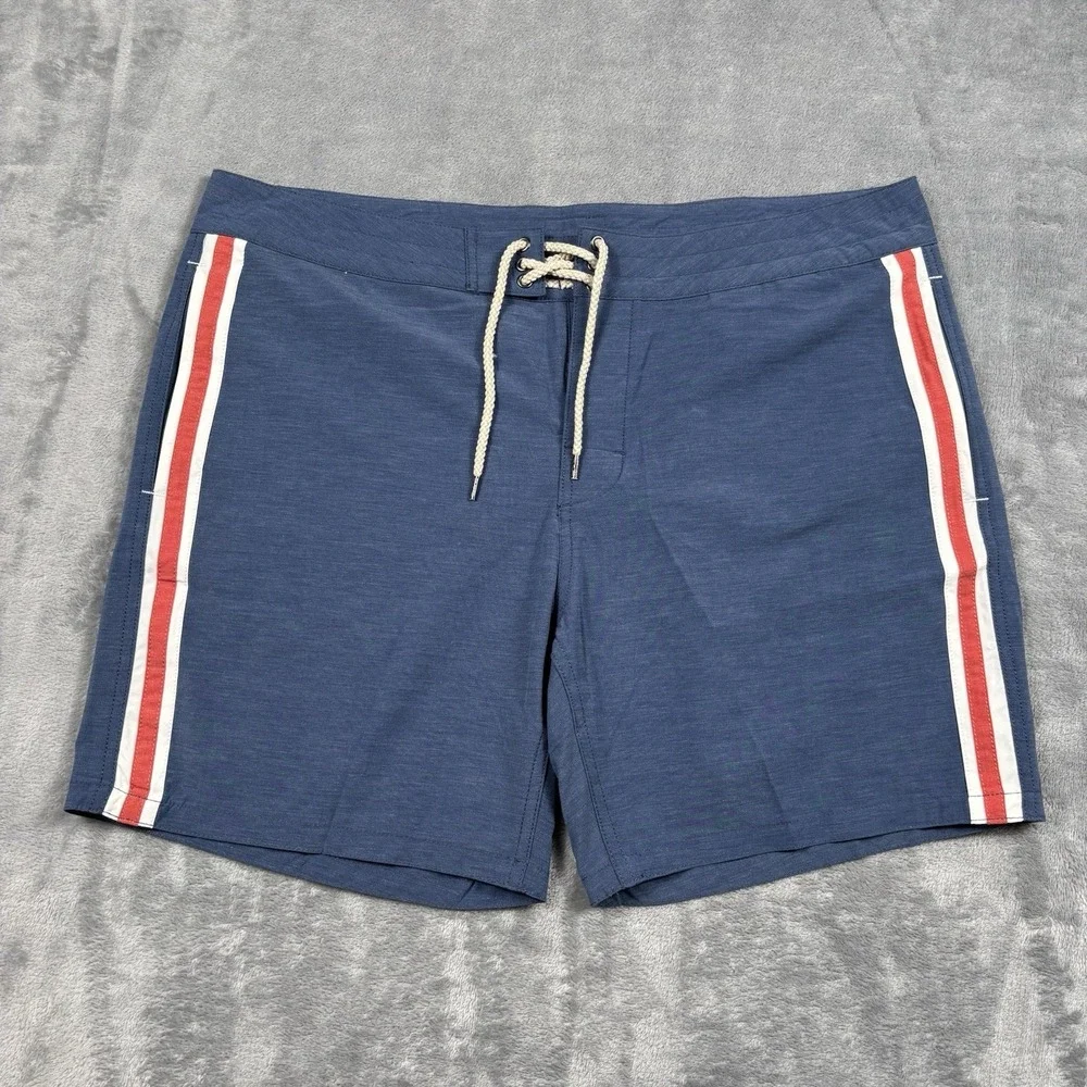 Faherty Retro Surf Board Shorts Mens 38 Blue Striped Drawstring Pocket Stretch